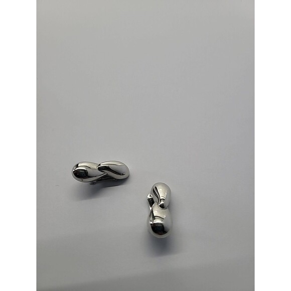 Silver Tone Clip On Earrings Double Teardrop Modern Minimalist High Polish State - Picture 9 of 12